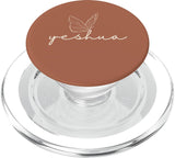 Terracotta-colored smartphone pop-grip accessory displaying a white line-art butterfly and the word "Yeshua" in elegant script.